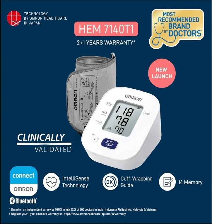 Omron Bluetooth Digital HEM 7140T1 Blood Pressure Monitor with Cuff Wrapping Guide, Hypertension Indicator & Intellisense Technology For Most Accurate Measurement